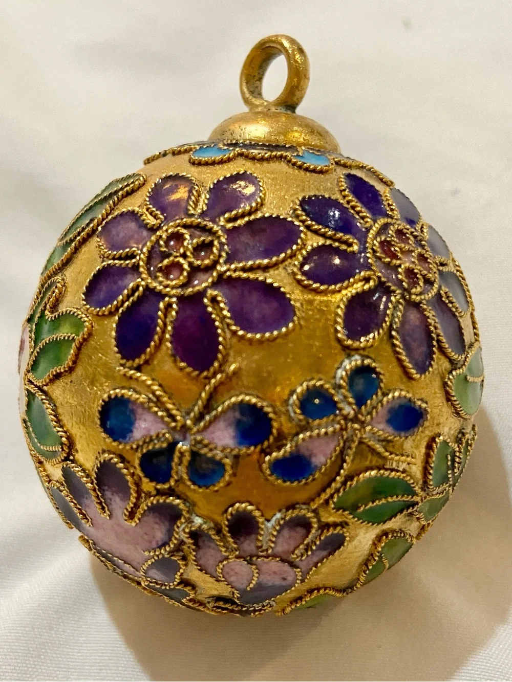 Beautiful Vintage Cloisonné Christmas Ornament Gold, Purple Pink & Green Flowers